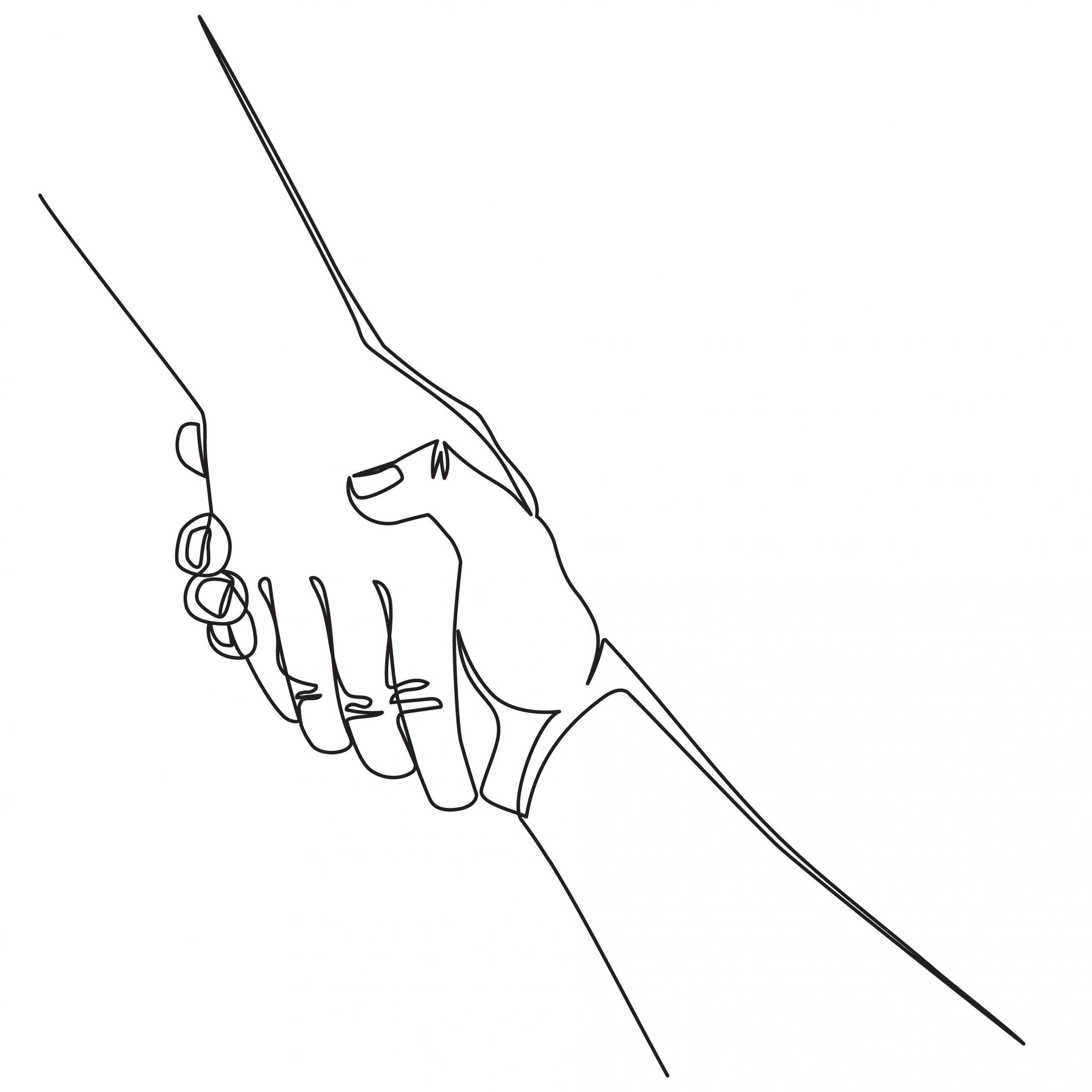 Continuous line drawing Helping hand concept. Gesture, sign of help and hope. Two hands taking each other. Isolated illustration on white background.